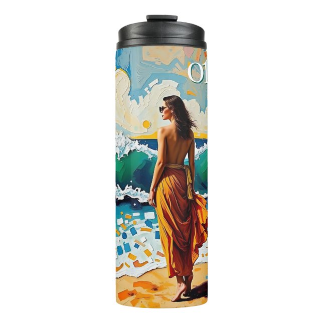Woman on Beach Abstract Seaside Art Personalized Thermosbecher (Vorderseite)