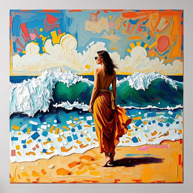 Woman on Beach Abstract Seaside Art  Poster (Vorne)
