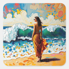Woman on Beach Abstract Seaside Art Quadratischer Aufkleber