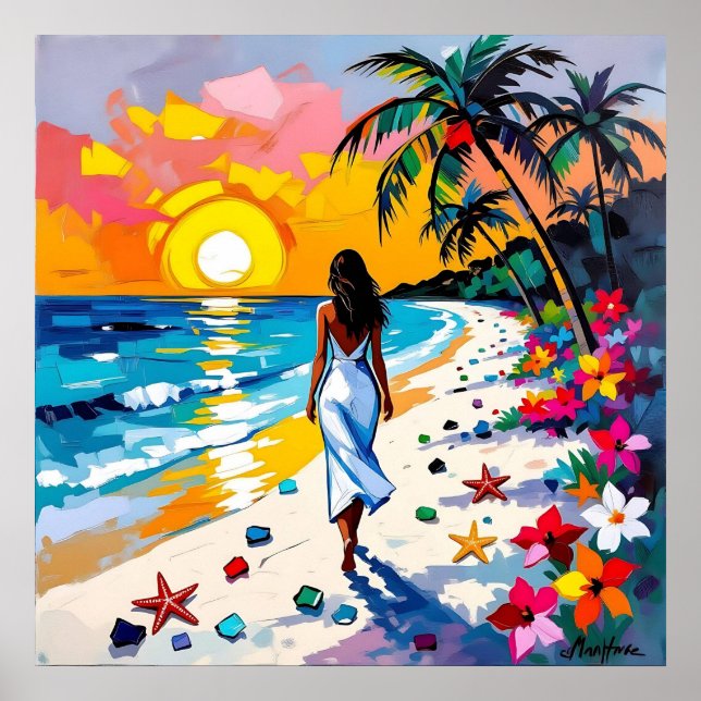 Woman on Beach Tropical Scene Poster (Vorne)