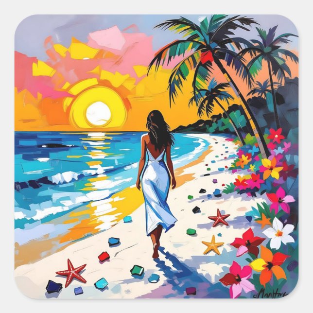 Woman on Beach Tropical Scene Quadratischer Aufkleber (Vorderseite)
