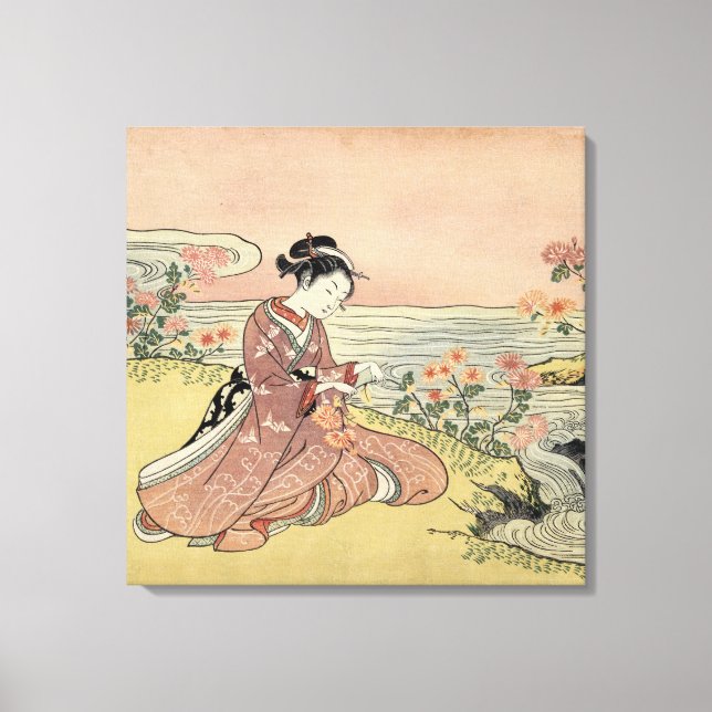 Woman picking chrysanthemums leinwanddruck (Vorderseite)