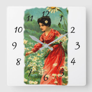 Woman picking flowers quadratische wanduhr