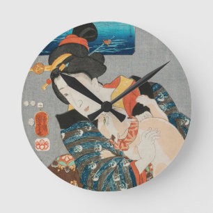Woman Playing with Cat Vintage Japanese Print Runde Wanduhr