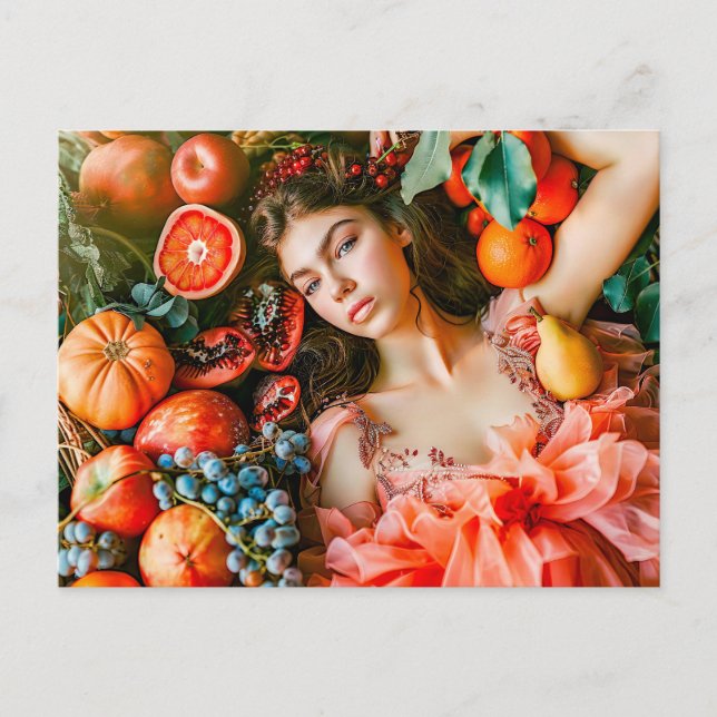 Woman reclining among fruits and petals postkarte (Vorderseite)