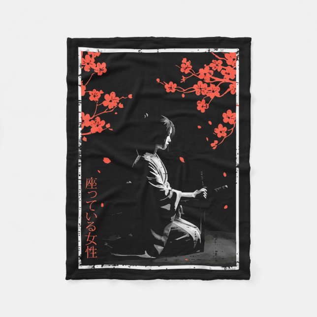 Woman Sitting Cherry Blossoms Japanese Art Women M Fleecedecke (Vorderseite)