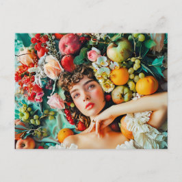 Woman surrounded by fruits and blossoms postkarte