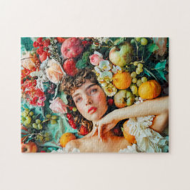 Woman surrounded by fruits and blossoms puzzle