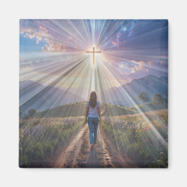 Woman Walking Toward Glowing Cross – Faith Journey Magnet