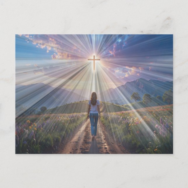 Woman Walking Toward Glowing Cross – Faith Journey Postkarte (Vorderseite)