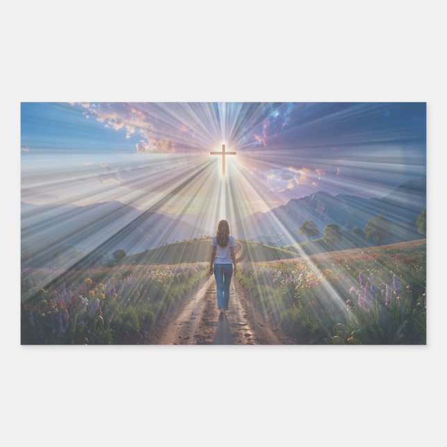 Woman Walking Toward Glowing Cross – Faith Journey Rechteckiger Aufkleber (Vorderseite)
