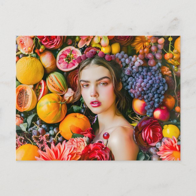Woman with citrus fruits and flower garland postkarte (Vorderseite)