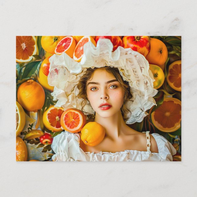 Woman with citrus fruits and flower garland postkarte (Vorderseite)