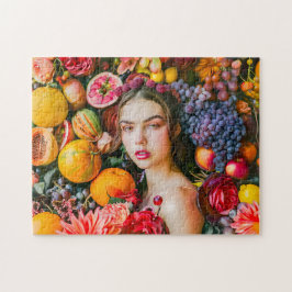 Woman with citrus fruits and flower garland puzzle