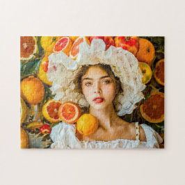 Woman with citrus fruits and flower garland puzzle