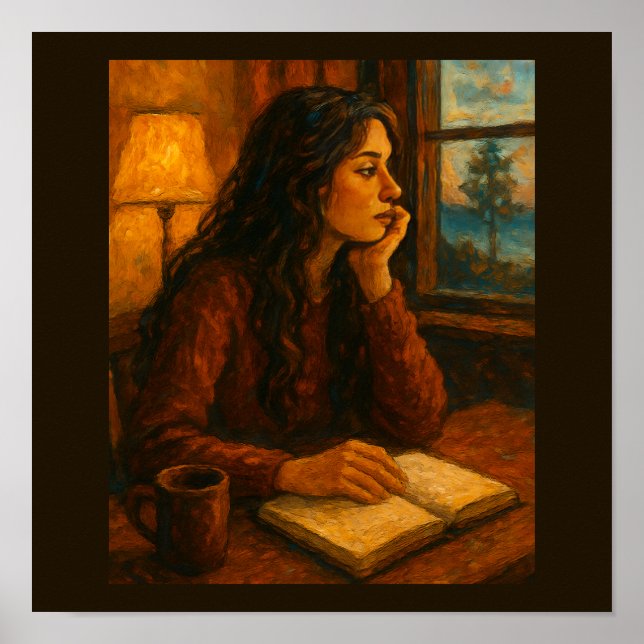 Woman with Journal Gazing Out the Window Poster (Vorne)
