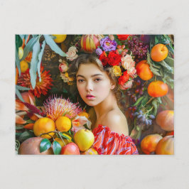Woman with mixed fruits and floral decor postkarte