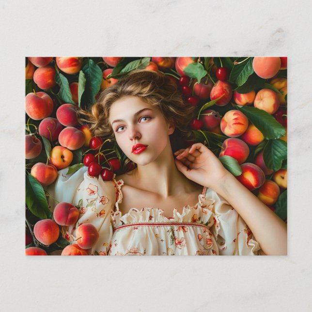 Woman with peaches and cherries postkarte (Vorderseite)