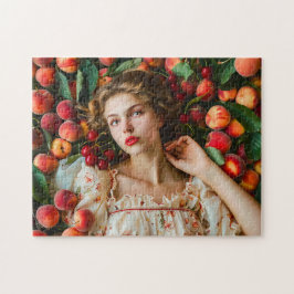 Woman with peaches and cherries puzzle