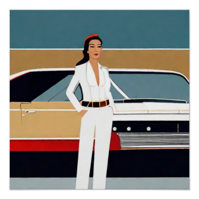 Woman with Retro Car Poster (Vorderseite)