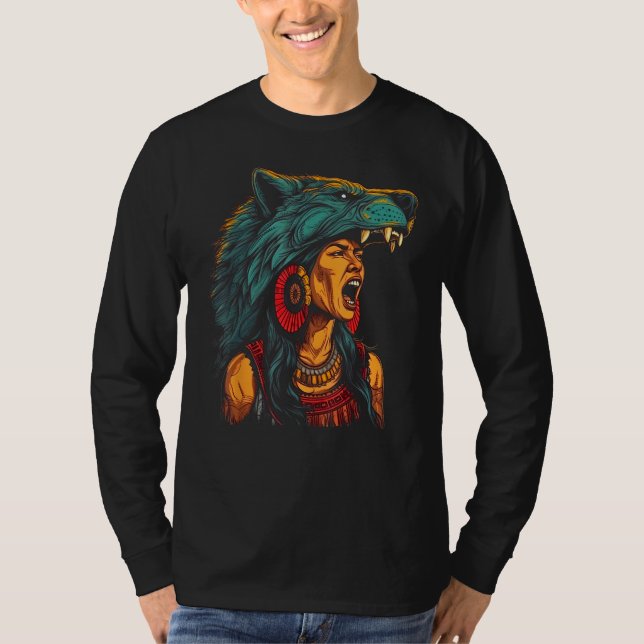 Woman Wolf Head Mask Native American Spirituality T-Shirt (Vorderseite)