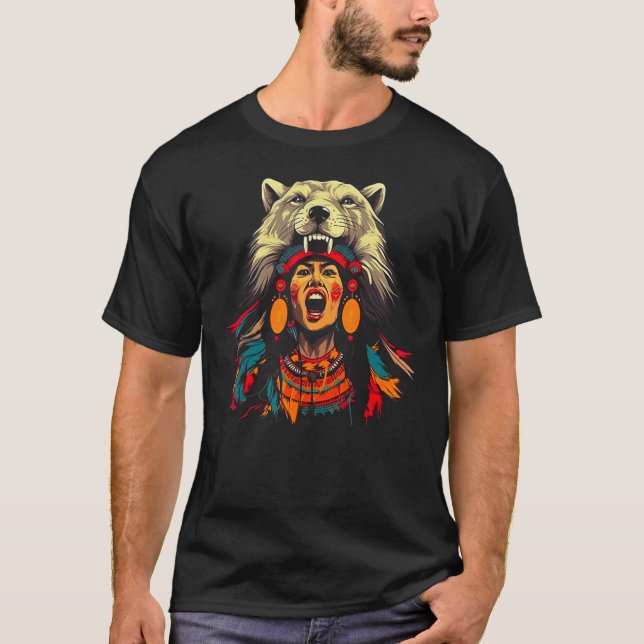 Woman Wolf Head Native American Connection to Natu T-Shirt (Vorderseite)