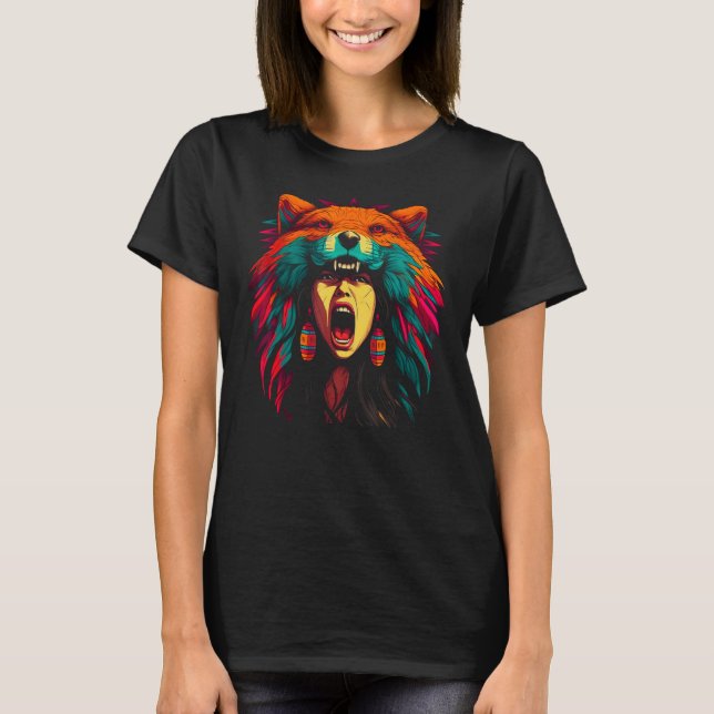 Woman Wolf Head Native American Culture T-Shirt (Vorderseite)