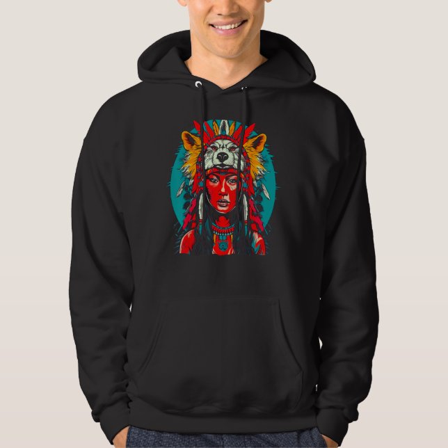Woman Wolf Head Native American Indigenous Hoodie (Vorderseite)