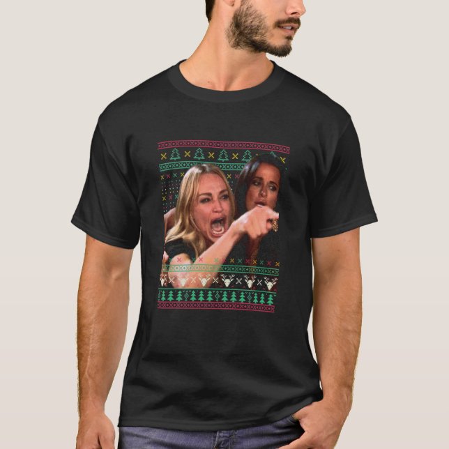 Woman Yelling At A Cat Ugly Christmas Sweater Meme T-Shirt (Vorderseite)