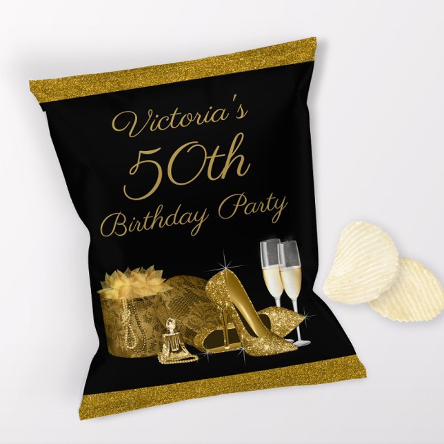 Womans Black Gold Geburtstagsparty Chip Bag Flyer (1 ounce snack bag wrapper flyer. )