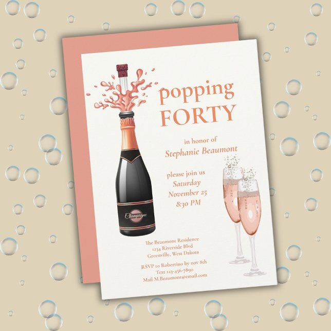 Woman's Funny Popping Champagne 40th Birthday Einladung (Von Creator hochgeladen)