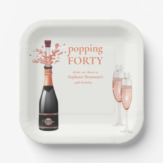 Woman's Funny Popping Champagne 40th Birthday Pappteller (Vorderseite)