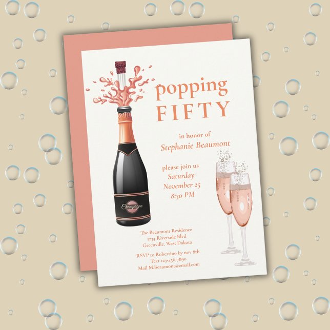 Woman's Funny Popping Champagne 50th Birthday Einladung (Von Creator hochgeladen)
