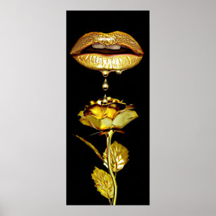 Womans Lips Dripping Liquid Gold Make-up Art Poster