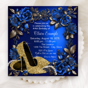 Womans Royal Blue Gold Shoe Geburtstagsparty Einladung