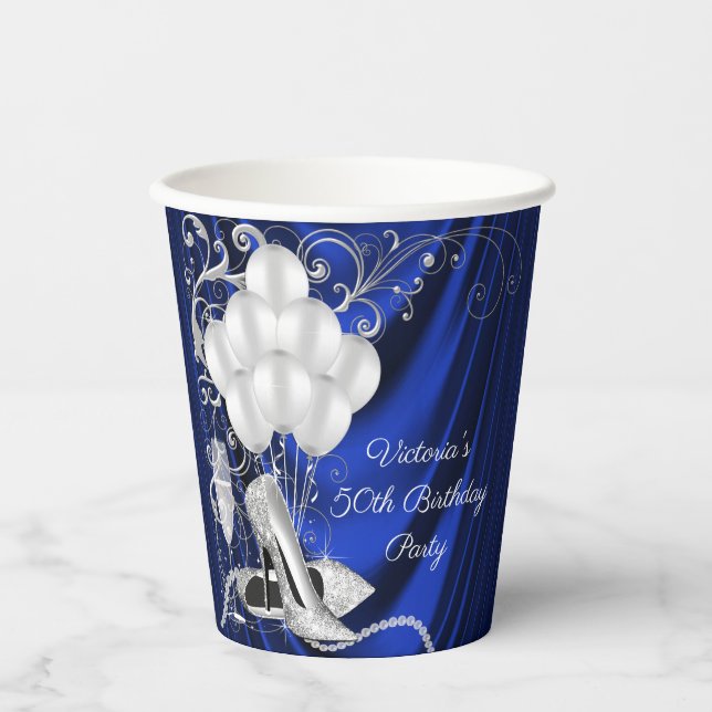 Womans Royal Blue Silver Birthday Party Paper Cups Pappbecher (Vorderseite)
