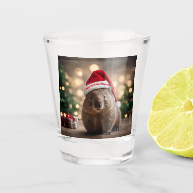 "Wombat Wonderland: Ein gemütlicher Weihnachtsaben Schnapsglas (Vorderseite)