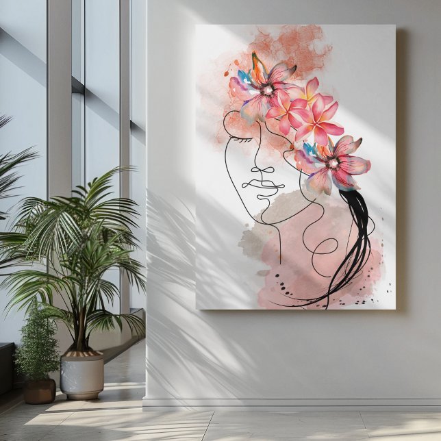 Women Face line art with pink frangipani Blume Leinwanddruck (Von Creator hochgeladen)