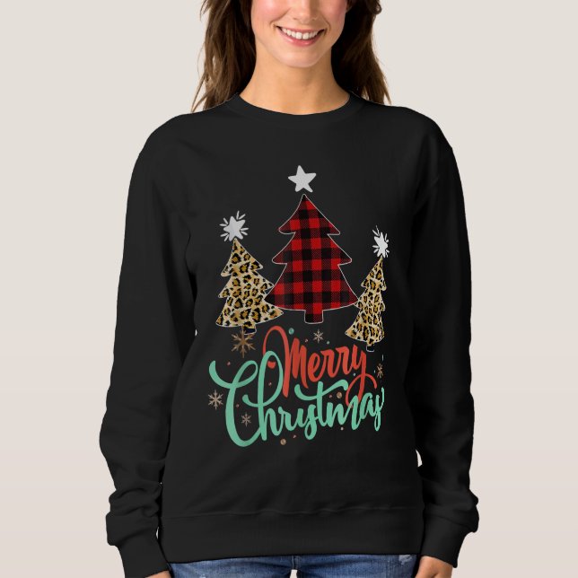 Women Leopard Plaid Christmas Tree Merry Christmas Sweatshirt (Vorderseite)