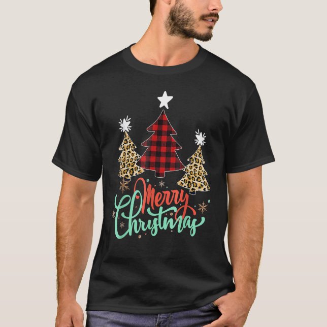Women Leopard Plaid Christmas Tree Merry Christmas T-Shirt (Vorderseite)