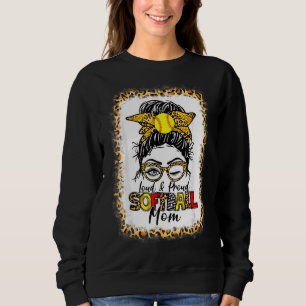 Women Loud & Proud Softball Mom Messy Bun Leopard Sweatshirt