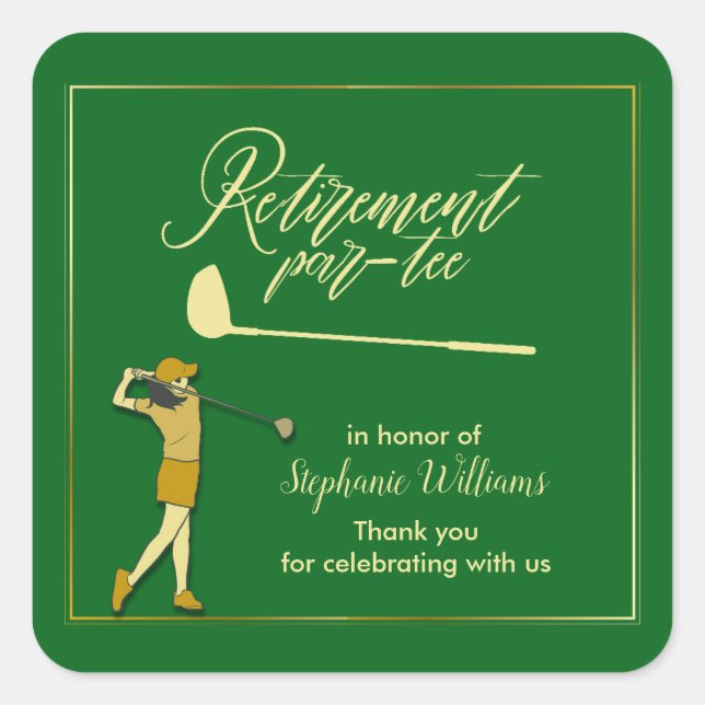 Women Retirement Golf Party Classic Green Golden Quadratischer Aufkleber (Vorderseite)