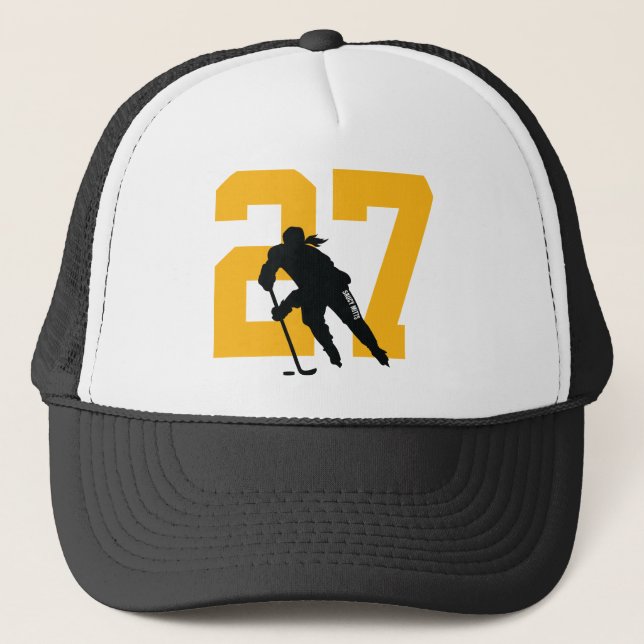 Women’s Custom Hockey Player Number Black and Gold Truckerkappe (Vorderseite)