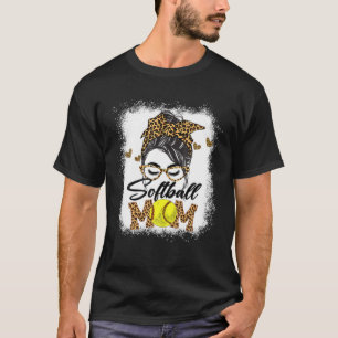 Women Softball Mama Boy Leopard Messy Bun Baseball T-Shirt