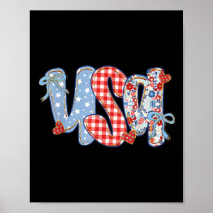 Women Usa Coquette Bow Patriotic Boho Floral Kids Poster