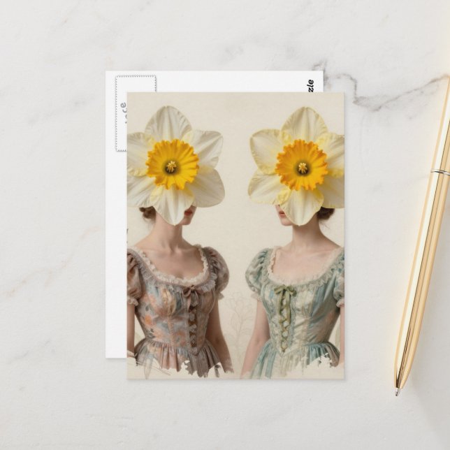 Women With Daffodil Heads Postkarte (Vorderseite/Rückseite Beispiel)