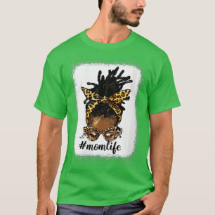 Womens Afro Messy Locations Bun Mama Life Leopard T-Shirt