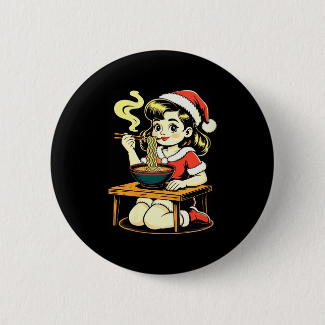Womens Anime Ramen Xmas Kawaii Santa Girl Eating J Button (Vorderseite)