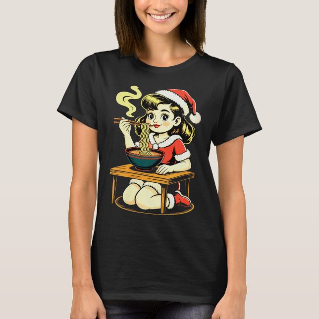Womens Anime Ramen Xmas Kawaii Santa Girl Eating J T-Shirt (Vorderseite)