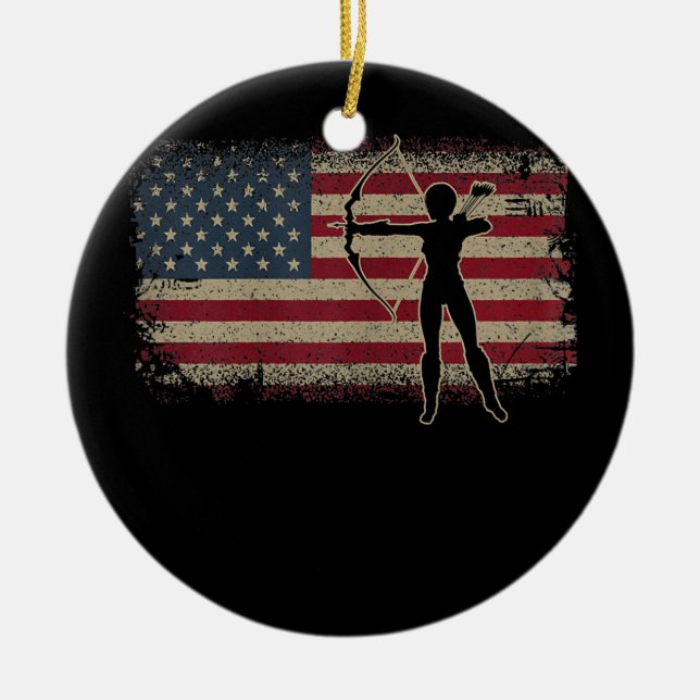 Womens Archery Player Crossbow American Flag Keramik Ornament (Vorne)